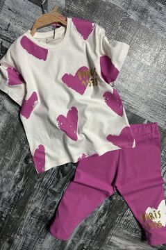 Kız Çocuk Üzeri Kalp Desen ve Paris Yazı Baskılı Kapri Mor Taytlı Takım