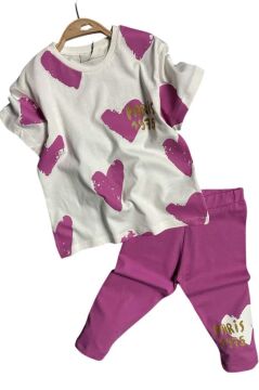 Kız Çocuk Üzeri Kalp Desen ve Paris Yazı Baskılı Kapri Mor Taytlı Takım