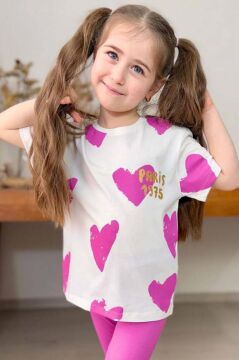 Kız Çocuk Üzeri Kalp Desen ve Paris Yazı Baskılı Kapri Mor Taytlı Takım