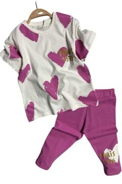 Kız Çocuk Üzeri Kalp Desen ve Paris Yazı Baskılı Kapri Mor Taytlı Takım