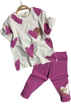 Kız Çocuk Üzeri Kalp Desen ve Paris Yazı Baskılı Kapri Mor Taytlı Takım