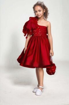 Kız Çocuk Göğsü İnci Taş İşlemeli Tek Omuz Şeffaf Askılı Eteği Kabarık Kırmızı Abiye
