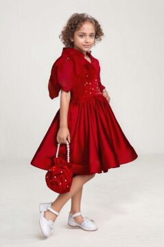Kız Çocuk Göğsü İnci Taş İşlemeli Tek Omuz Şeffaf Askılı Eteği Kabarık Kırmızı Abiye