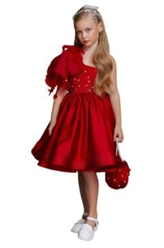 Kız Çocuk Göğsü İnci Taş İşlemeli Tek Omuz Şeffaf Askılı Eteği Kabarık Kırmızı Abiye