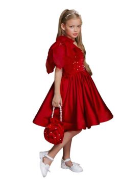 Kız Çocuk Göğsü İnci Taş İşlemeli Tek Omuz Şeffaf Askılı Eteği Kabarık Kırmızı Abiye