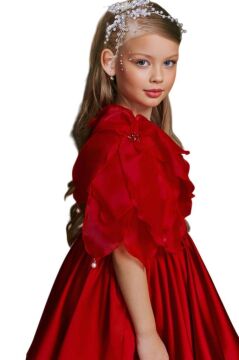 Kız Çocuk Göğsü İnci Taş İşlemeli Tek Omuz Şeffaf Askılı Eteği Kabarık Kırmızı Abiye