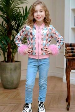 Kız Çocuk Pullu Zikzak Desenli Kürklü Ceket ve Kot Pantolon Pembe Alt Üst Takım