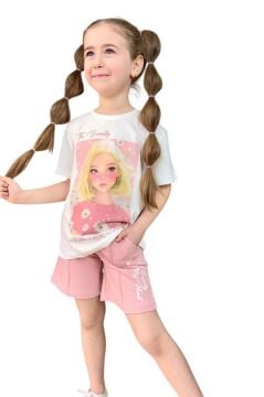 Kız Çocuk Papatya Ve The Beauty Yazı Baskılı Penye T-Shirt Pudra Şortlu Takım