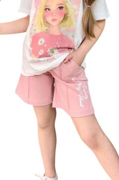 Kız Çocuk Papatya Ve The Beauty Yazı Baskılı Penye T-Shirt Pudra Şortlu Takım