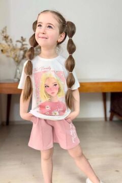 Kız Çocuk Papatya Ve The Beauty Yazı Baskılı Penye T-Shirt Pudra Şortlu Takım