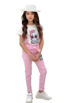 Kız Çocuk Üzeri Digital Baskılı T-shirt Yırtmaç ve Kedi Detaylı Pembe Jean Salopet Takım