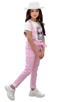 Kız Çocuk Üzeri Digital Baskılı T-shirt Yırtmaç ve Kedi Detaylı Pembe Jean Salopet Takım