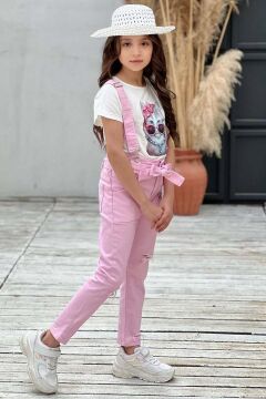 Kız Çocuk Üzeri Digital Baskılı T-shirt Yırtmaç ve Kedi Detaylı Pembe Jean Salopet Takım