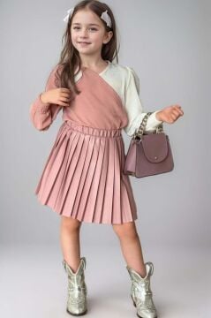 Kız Çocuk Çift Renkli Bluz, Piliseli Pembe Etekli Takım