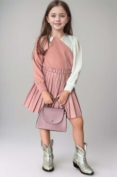 Kız Çocuk Çift Renkli Bluz, Piliseli Pembe Etekli Takım