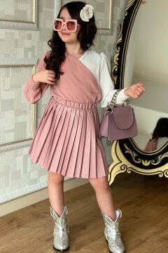 Kız Çocuk Çift Renkli Bluz, Piliseli Pembe Etekli Takım