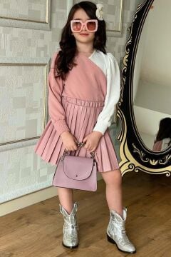 Kız Çocuk Çift Renkli Bluz, Piliseli Pembe Etekli Takım