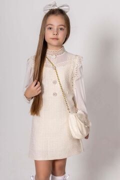 Kız Çocuk Omuzları ve Göğsü Güpür İşlemeli Taş Düğme Detaylı Şanel Krem Elbise