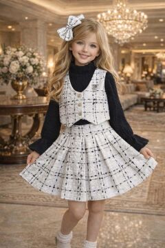 Kız Çocuk Boğazlı Yaka ve İspanyol Kol Bluz Kare Çizgili Triko Beyaz Etekli Takım