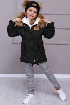 Kız Çocuk Kürk Kapşonlu Cepli İp Detaylı Mont ve Bereli Siyah Alt Üst Takım