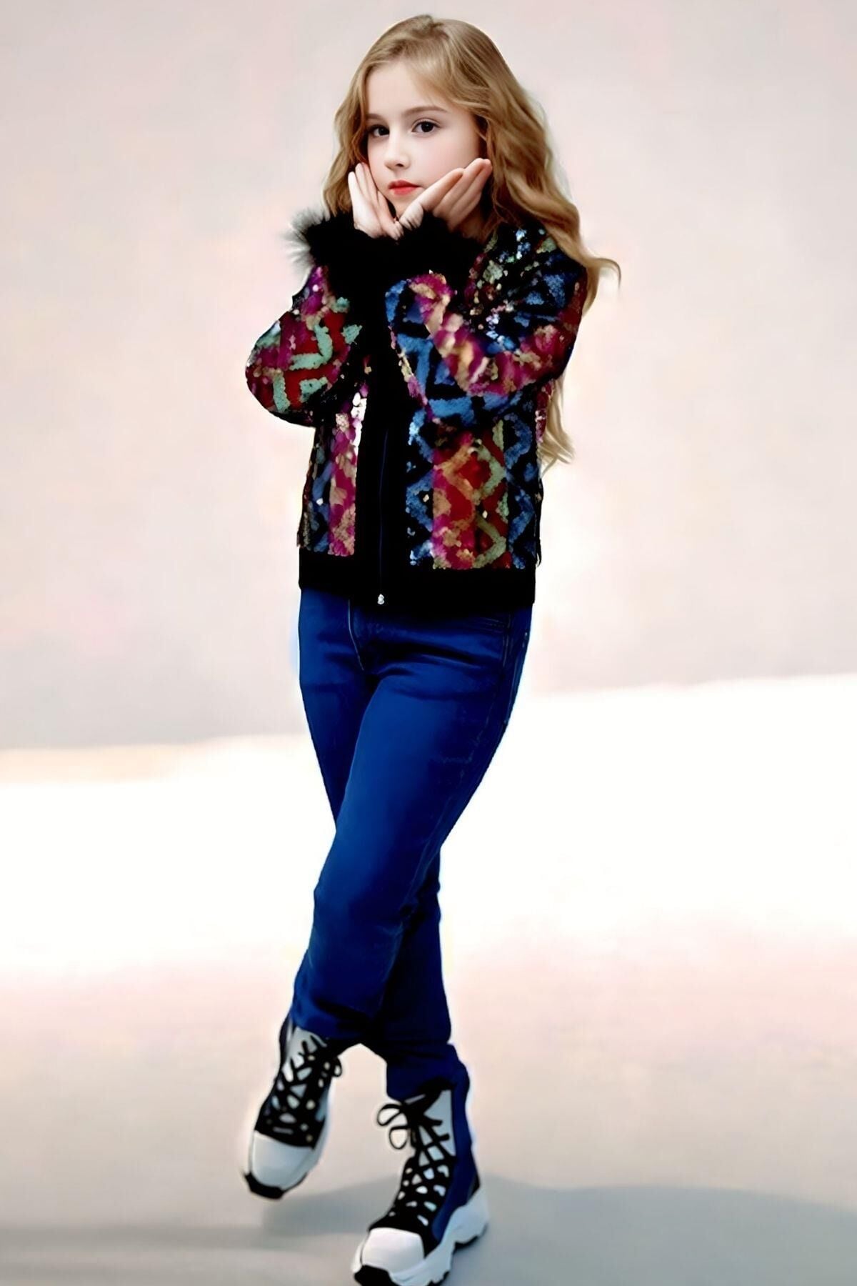 Kız Çocuk Pullu Zikzak Desenli Kürklü Ceket ve Kot Pantolon Siyah Alt Üst Takım