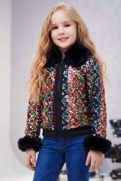 Kız Çocuk Pullu Zikzak Desenli Kürklü Ceket ve Kot Pantolon Siyah Alt Üst Takım