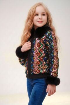 Kız Çocuk Pullu Zikzak Desenli Kürklü Ceket ve Kot Pantolon Siyah Alt Üst Takım