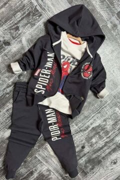 Erkek Çocuk Digital Ağ ve Yazı Baskılı Kapüşonlu Siyah Ceket Eşofman Takım