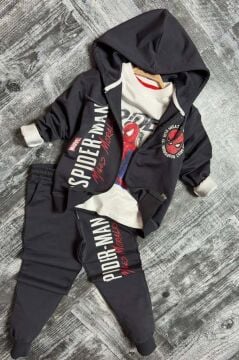 Erkek Çocuk Digital Ağ ve Yazı Baskılı Kapüşonlu Siyah Ceket Eşofman Takım