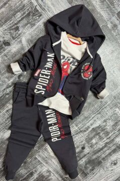 Erkek Çocuk Digital Ağ ve Yazı Baskılı Kapüşonlu Siyah Ceket Eşofman Takım