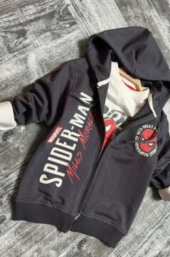 Erkek Çocuk Digital Ağ ve Yazı Baskılı Kapüşonlu Siyah Ceket Eşofman Takım