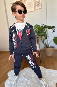 Erkek Çocuk Digital Ağ ve Yazı Baskılı Kapüşonlu Siyah Ceket Eşofman Takım