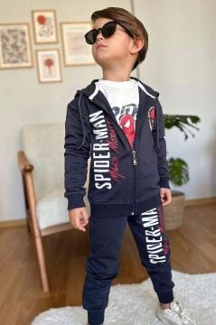 Erkek Çocuk Digital Ağ ve Yazı Baskılı Kapüşonlu Siyah Ceket Eşofman Takım