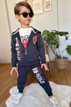 Erkek Çocuk Digital Ağ ve Yazı Baskılı Kapüşonlu Siyah Ceket Eşofman Takım