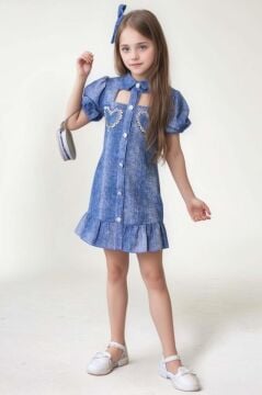 Kız Çocuk Göğsü Yırtmaç Detaylı Elmas Kalp İşlemeli Balon Kollu Mavi Kot Elbise