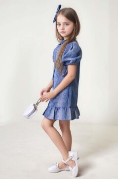 Kız Çocuk Göğsü Yırtmaç Detaylı Elmas Kalp İşlemeli Balon Kollu Mavi Kot Elbise