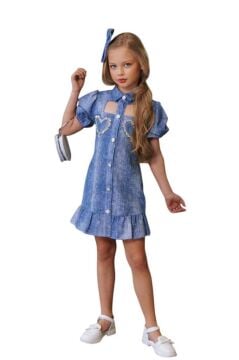 Kız Çocuk Göğsü Yırtmaç Detaylı Elmas Kalp İşlemeli Balon Kollu Mavi Kot Elbise