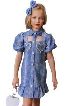 Kız Çocuk Göğsü Yırtmaç Detaylı Elmas Kalp İşlemeli Balon Kollu Mavi Kot Elbise