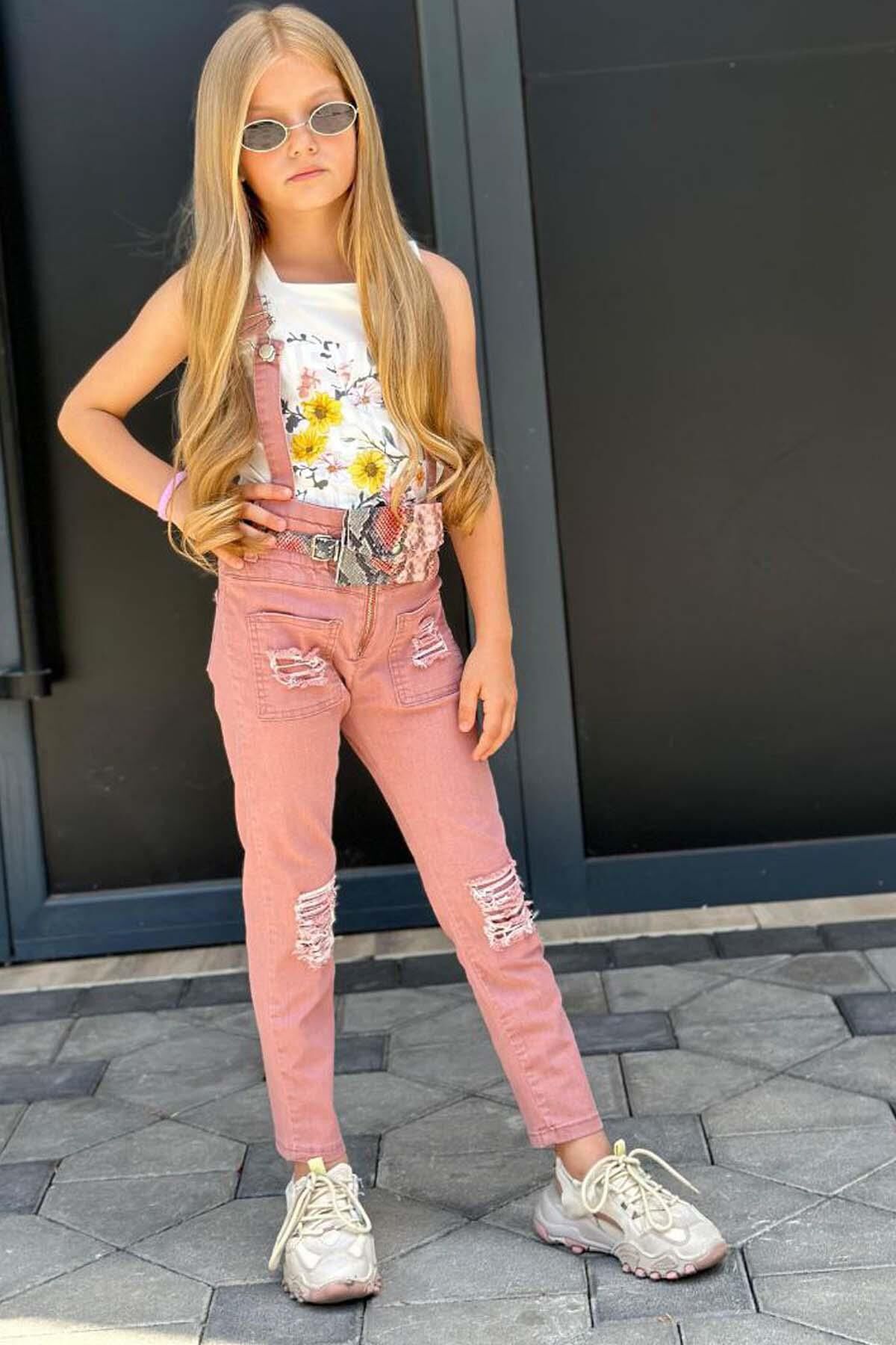 Kız Çocuk Kare Yaka Kolsuz Çiçek Baskılı T-shirt Yırtmaç Detaylı Gül Kurusu Jean Salopet Takım