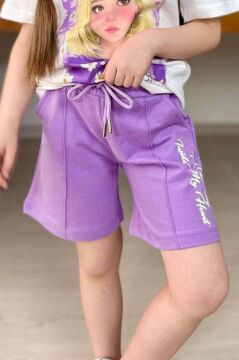 Kız Çocuk Papatya Ve The Beauty Yazı Baskılı Penye T-Shirt Lila Şortlu Takım