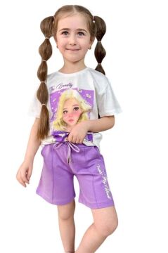 Kız Çocuk Papatya Ve The Beauty Yazı Baskılı Penye T-Shirt Lila Şortlu Takım