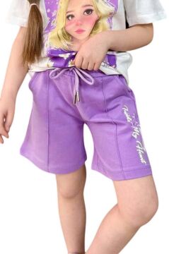 Kız Çocuk Papatya Ve The Beauty Yazı Baskılı Penye T-Shirt Lila Şortlu Takım