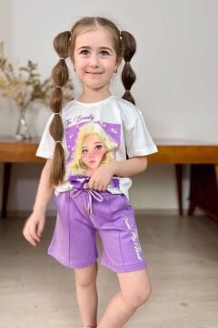 Kız Çocuk Papatya Ve The Beauty Yazı Baskılı Penye T-Shirt Lila Şortlu Takım