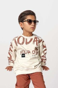 Erkek Çocuk Your Day Fırça Yazı Baskılı Sweatshirt Kiremit Eşofman Takım