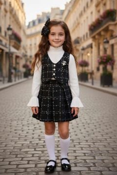 Kız Çocuk Boğazlı Yaka ve İspanyol Kol Bluz Kare Çizgili Triko Siyah Etekli Takım