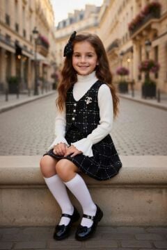 Kız Çocuk Boğazlı Yaka ve İspanyol Kol Bluz Kare Çizgili Triko Siyah Etekli Takım