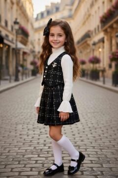 Kız Çocuk Boğazlı Yaka ve İspanyol Kol Bluz Kare Çizgili Triko Siyah Etekli Takım