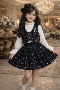 Kız Çocuk Boğazlı Yaka ve İspanyol Kol Bluz Kare Çizgili Triko Siyah Etekli Takım