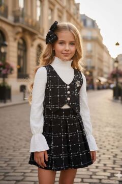 Kız Çocuk Boğazlı Yaka ve İspanyol Kol Bluz Kare Çizgili Triko Siyah Etekli Takım