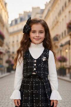 Kız Çocuk Boğazlı Yaka ve İspanyol Kol Bluz Kare Çizgili Triko Siyah Etekli Takım